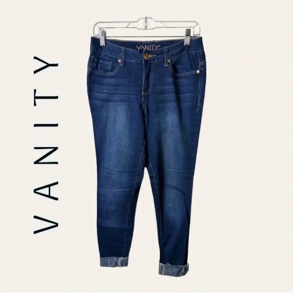 0790. VANITY JEAN JEGGINGS DARK‎ WASH CUFFED BOTTOMS RAW HEM SIZE MEDIUM SHORT - Picture 1 of 9